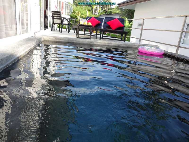 La villa a sa piscine privée sur la terrasse au pied d'une des chambres pour votre confort et bien être
car lorsque vous avez trop chaud, allez HOP ! dans la piscine et bonjour le bien être Les cocotiers au pieds des villas de la résidence vous donneront un vrai spectacle de cartes postales mais dans une réalité appaisante, la coco est une ressource importante de l'ile, il fait bon manger et boire des noix de coco